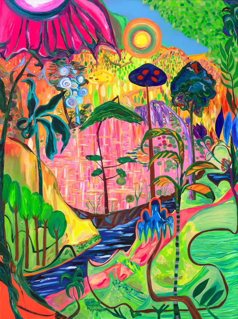 A vibrant and colorful abstract landscape featuring large, stylized flowers, trees, and flowing water, set against a bright, sunny backdrop with various shades of green and pink.