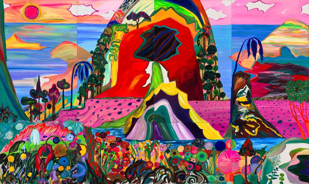 A vibrant abstract landscape featuring colorful mountains, trees, and flowers under a bright sky with a sun and clouds.