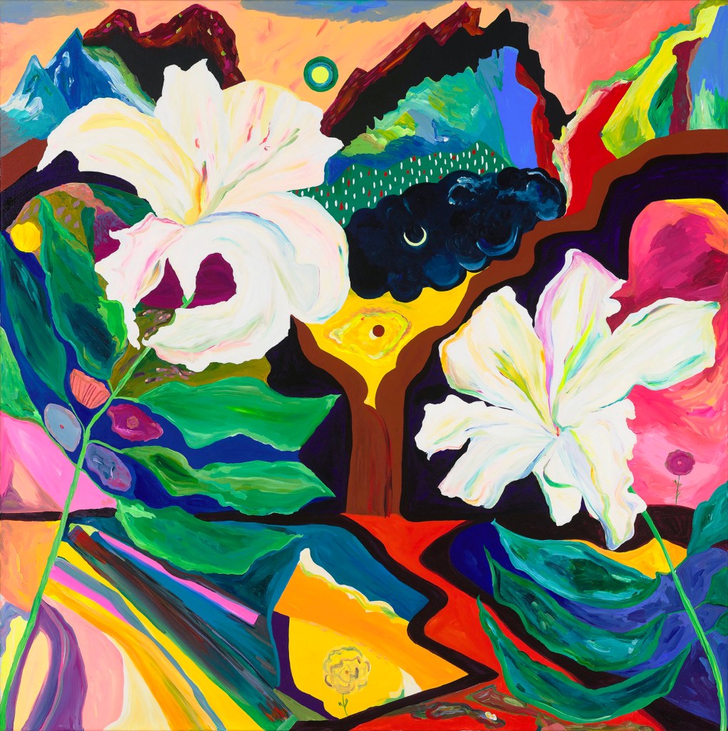 A vibrant abstract painting featuring stylized white flowers in the foreground, with colorful mountains and a surreal landscape in the background.