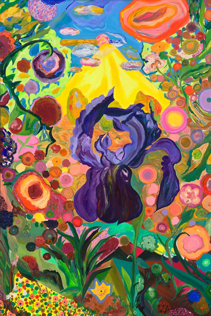 A vibrant and colorful abstract painting featuring a large purple flower surrounded by various shapes and patterns, including bright circles, swirls, and floral designs against a dynamic background.