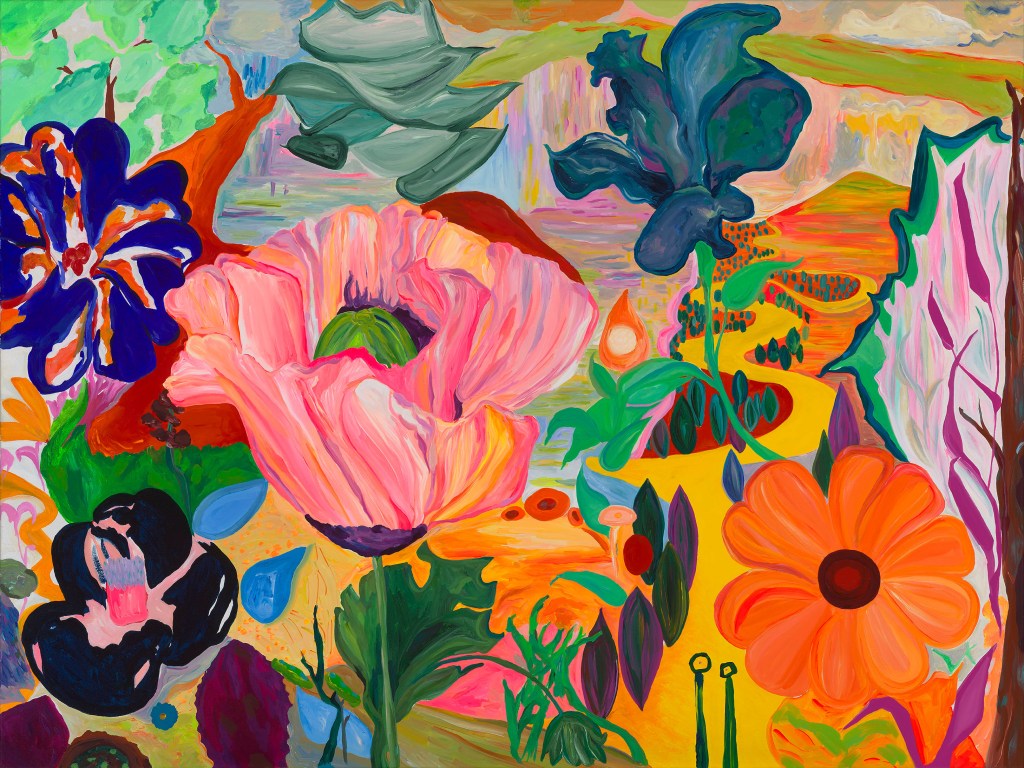 A vibrant abstract painting featuring a variety of colorful flowers, including pink poppies and blue blossoms, surrounded by lush greenery and a winding path, showcasing bold brush strokes and vivid hues.