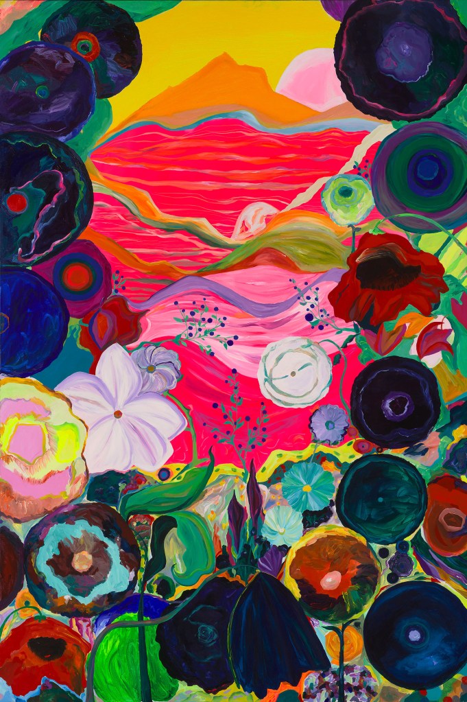 A vibrant abstract painting featuring a landscape with rolling hills and a sunset, surrounded by colorful flowers and plant shapes.