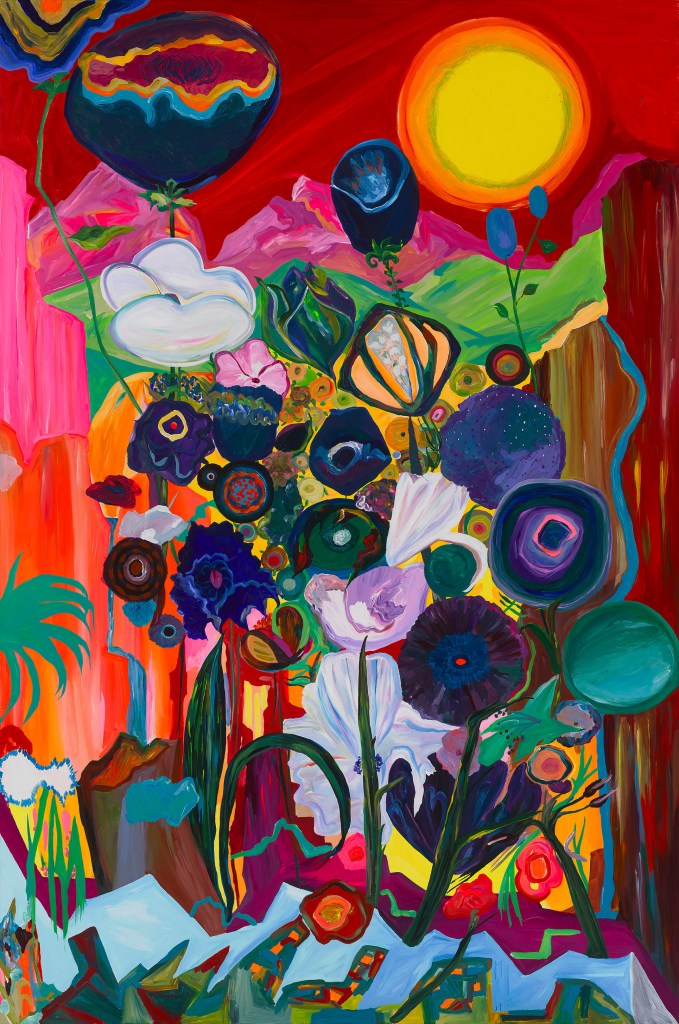 A vibrant abstract painting featuring colorful flowers and plants against a bright red background with a sun and mountains.