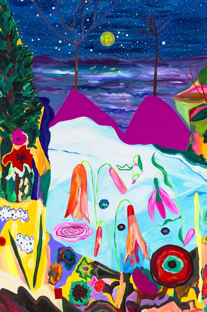 A vibrant, colorful landscape featuring surreal abstract flowers, a starry night sky, and a distant body of water, with hills and trees in various shapes and colors.