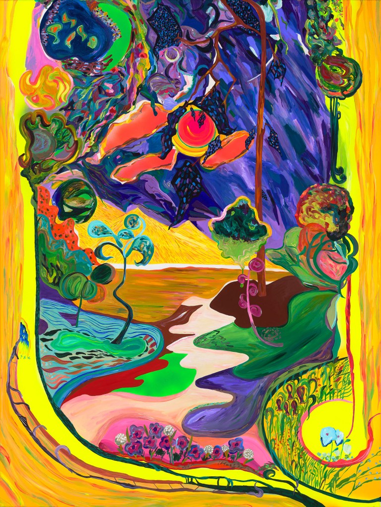 A vibrant abstract painting featuring colorful landscapes, whimsical trees, and a flowing river, blending shades of blue, green, yellow, and pink, creating an imaginative and dreamlike atmosphere.