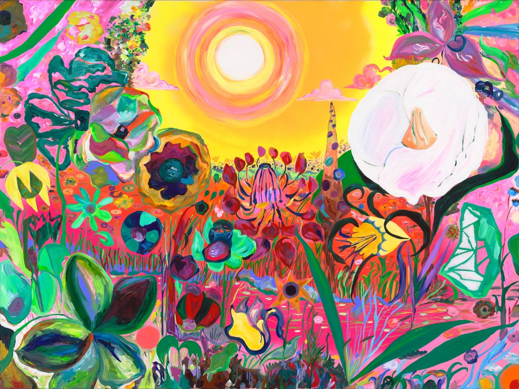A vibrant, colorful painting depicting a variety of flowers and plants against a bright yellow background, with a large sun and playful clouds.