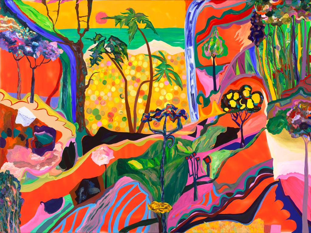 A vibrant abstract landscape painting featuring colorful plants, trees, and a beach scene under a bold orange and yellow sky.